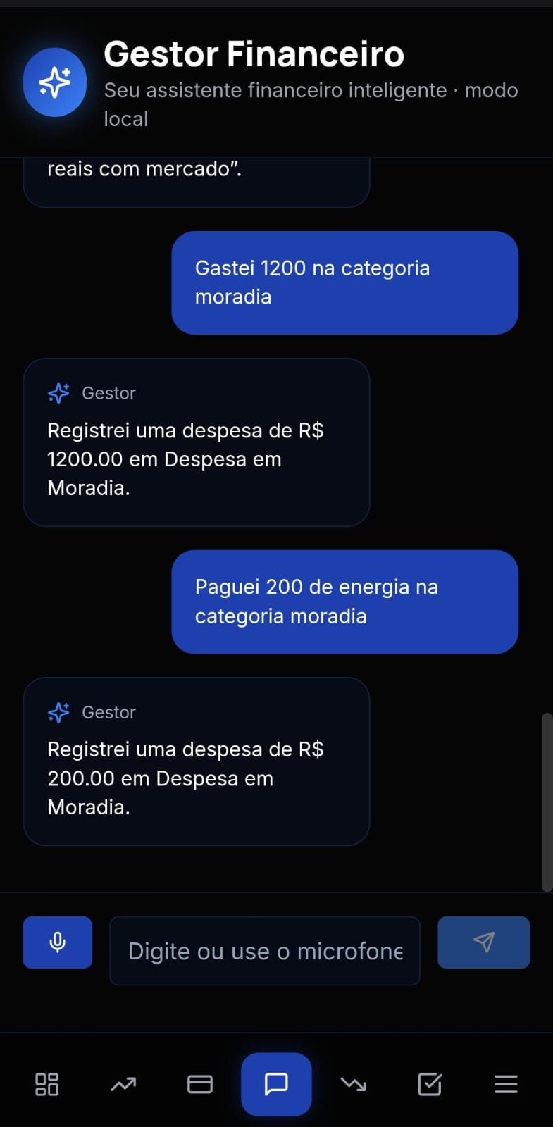 Conversa real no Gestor Financeiro registrando despesas de moradia a partir de mensagens.